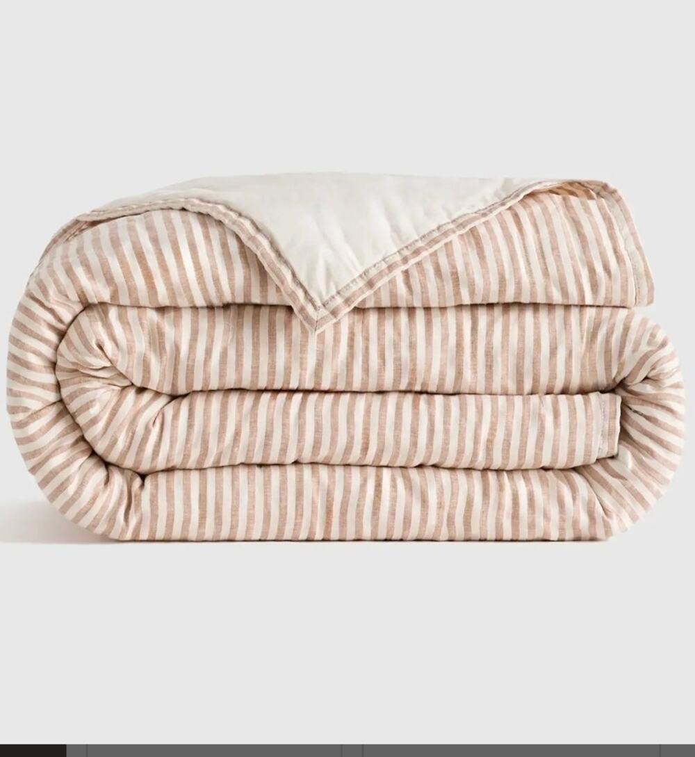 NWOT Quince European Linen Striped Patterned Quilt Twin Latte White MSRP $149.90